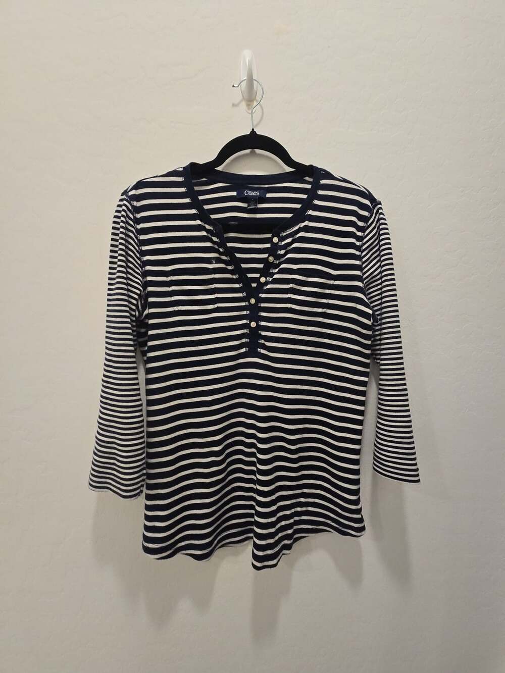 Chaps Henley Top Size M Navy White Striped Pocket